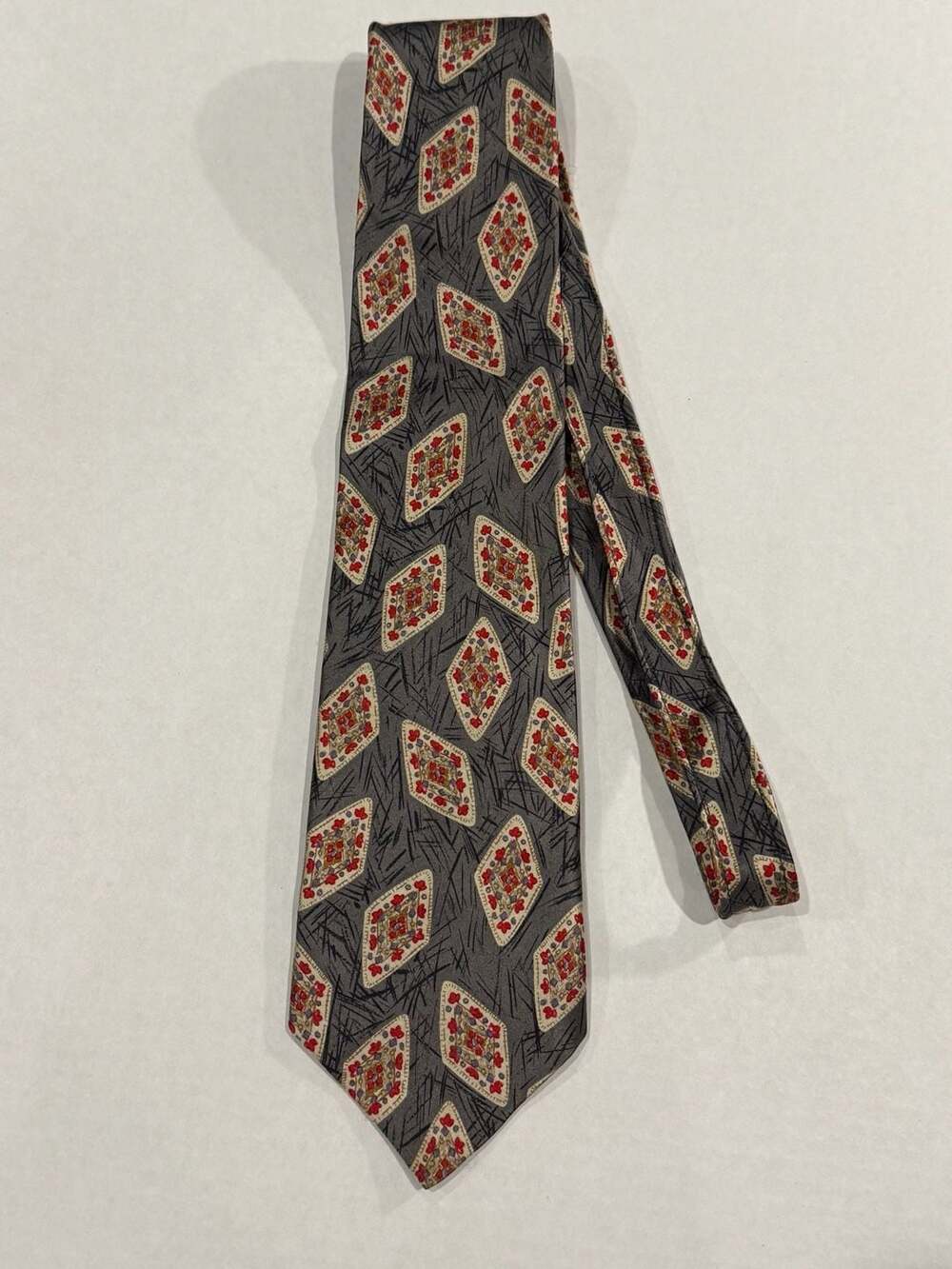 Countess Mara Vintage Grey Silk Tie with Red and Gold Geometric Diamonds